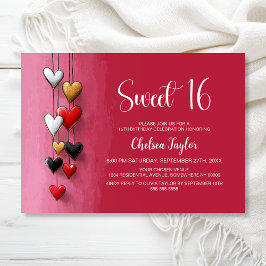 Convite Pink and Red Heart Theme Sweet 16 Birthday