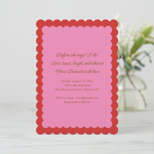Convite Pink and Red Scalloped Edge Bridal Shower (Em pé/Frente)
