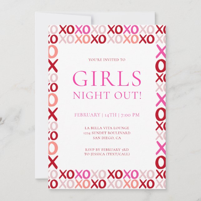 Convite Pink and Red XOXO Girls night out Galentine's day (Frente)