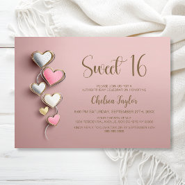 Convite Pink and Silver Heart Theme Sweet 16 Birthday