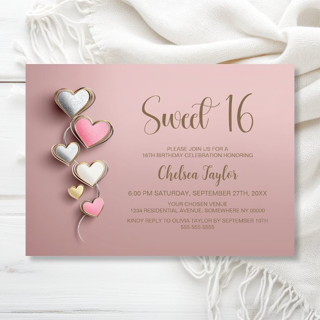 Convite Pink and Silver Heart Theme Sweet 16 Birthday (Criador carregado)