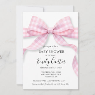 Convite Pink and White Gingham Bow Baby Shower Invitation