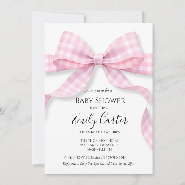 Convite Pink and White Gingham Bow Baby Shower Invitation (Frente)