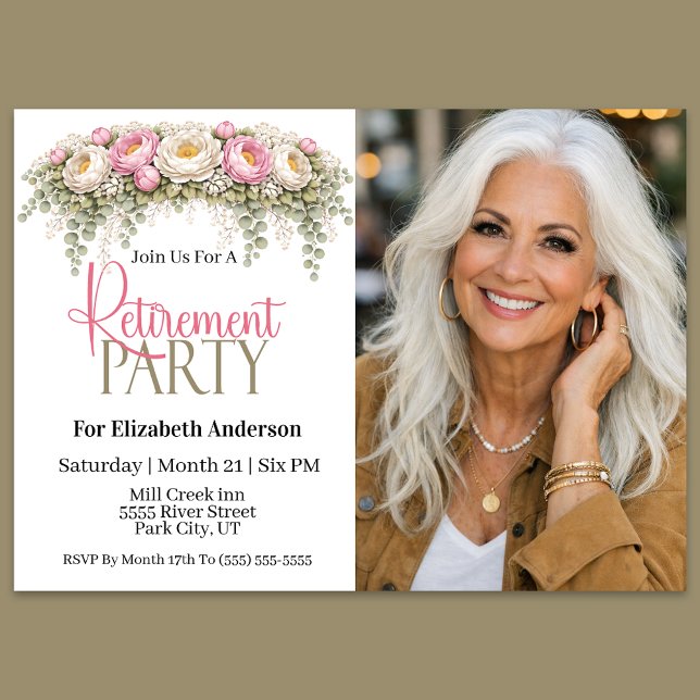 Convite Pink and White Peony Retirement Party (Elegant pink and white floral retirement party invitation)