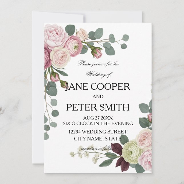 Convite Pink and white roses Budget Wedding Invitation (Frente)