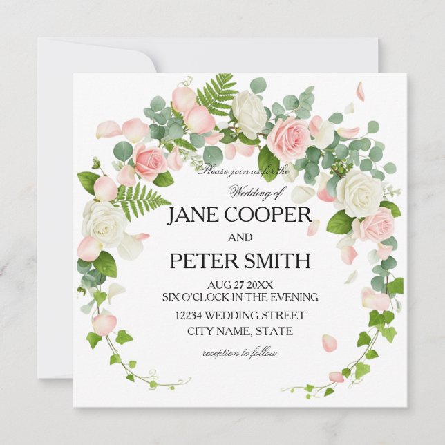 Convite Pink and white roses Budget Wedding Invitation (Frente)