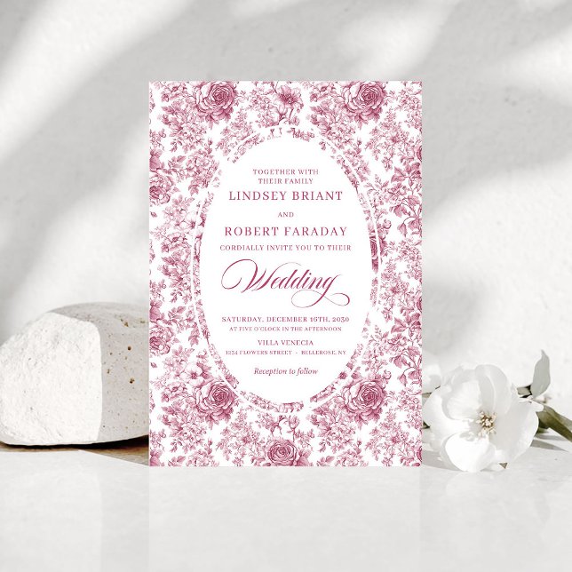 Convite Pink and White Toile Roses Wedding Invitation (Pink and White Toile Roses Wedding Invitation)