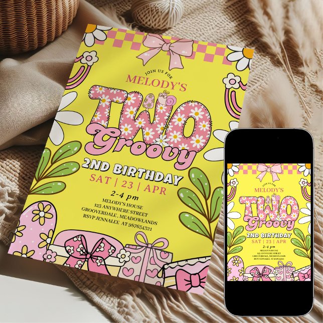 Convite Pink and Yellow Daisy 2nd Birthday Retro Birthday (Criador carregado)