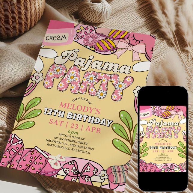 Convite Pink and Yellow Daisy Pajama Party Birthday  (Criador carregado)