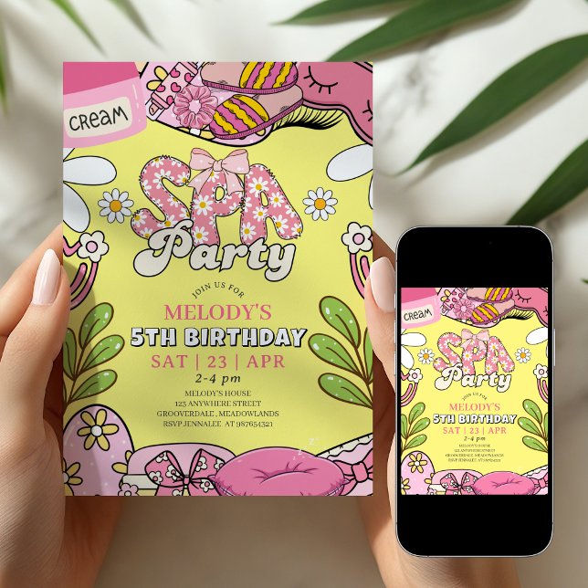 Convite Pink and Yellow Retro Daisy Spa Party Birthday  (Criador carregado)
