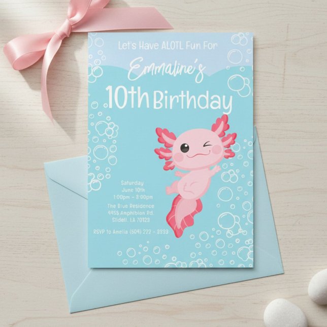 Convite Pink Aqua Axolotl 10th Birthday Party (Criador carregado)