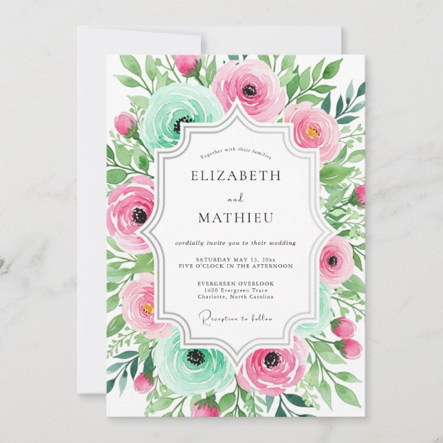 Convite Pink Aqua Ethereal Floral Wedding (Frente)