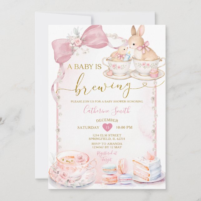 Convite Pink Baby Is Brewing Bunny Tea Party Baby Shower (Frente)