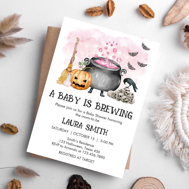 Convite Pink Baby is Brewing Halloween Baby Shower (Pink Baby is Brewing Halloween Baby Shower Invitation)