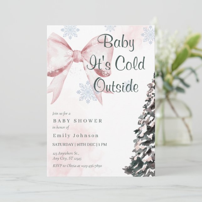 Convite Pink Baby It's Cold Outside Bow Girl Baby Shower (Em pé/Frente)