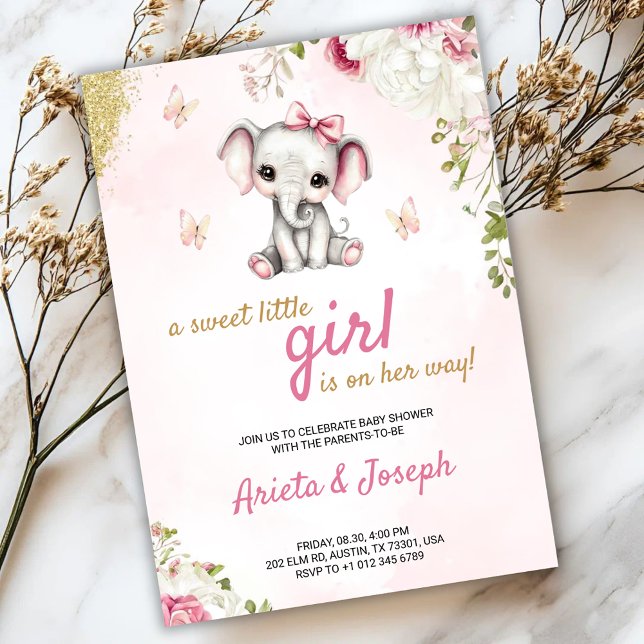 Convite Pink baby shower invitation with a cute elephant  (Criador carregado)