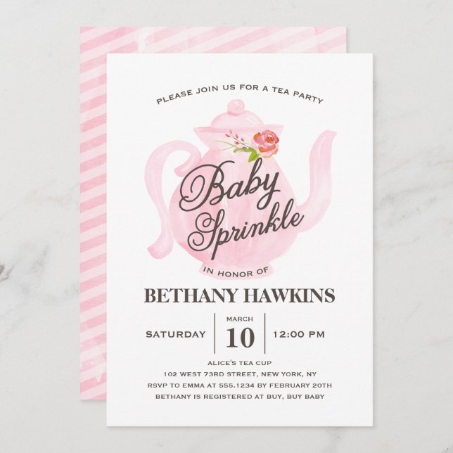 Convite Pink Baby Sprinkle Tea Party Watercolor (Frente/Verso)