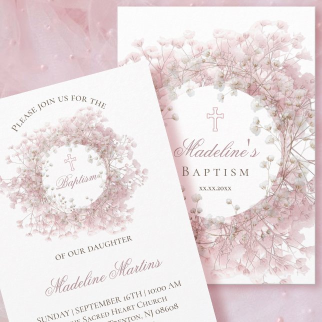 Convite pink baby's breath flowers Baptism (Criador carregado)