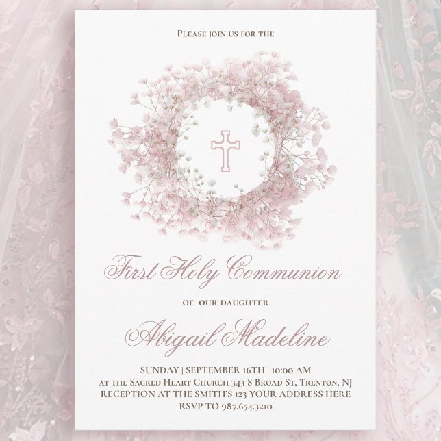 Convite Pink Baby's Breath flowers First Holy Communion (Criador carregado)