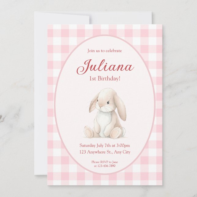 Convite Pink Babys First Birthday Bunny Invitation (Frente)