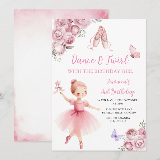 Convite Pink Ballerina Dance & Twirl 3rd Birthday (Frente/Verso)