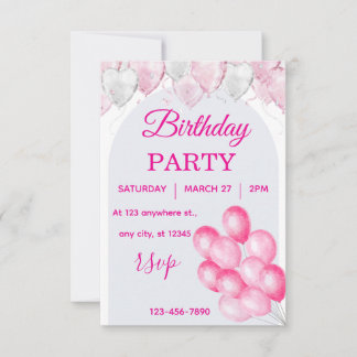 Convite Pink Balloon Birthday Party Invitation Watercolor