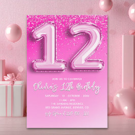 Convite Pink Balloon Numbers 12th Birthday for Girl