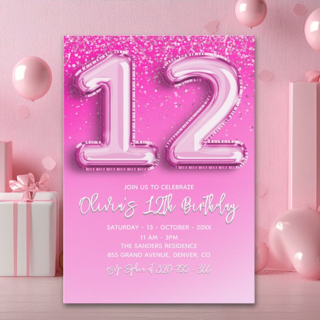 Convite Pink Balloon Numbers 12th Birthday for Girl (Criador carregado)