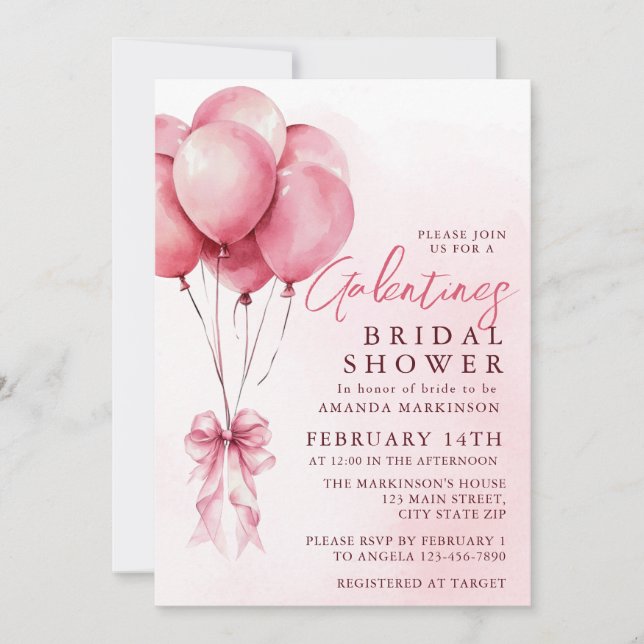 Convite Pink Balloon Watercolor Galentines Bridal Shower (Frente)