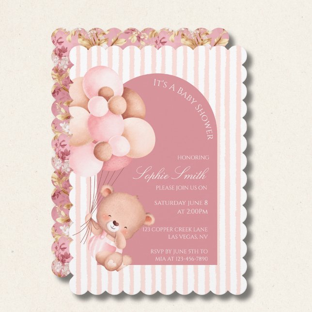 Convite Pink Balloons, Stripes Bloom Baby Shower Scalloped (Criador carregado)