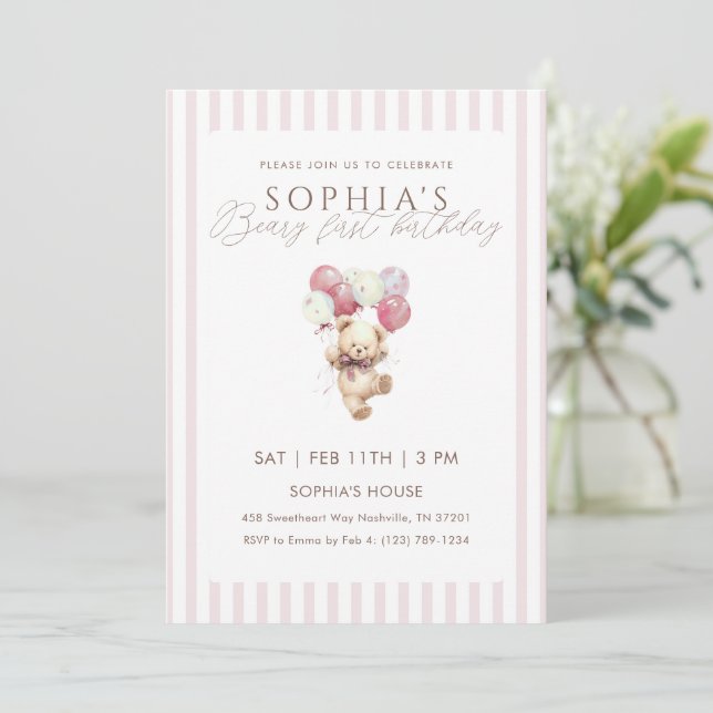 Convite Pink Balloons Teddy Bear 1st Birthday (Em pé/Frente)