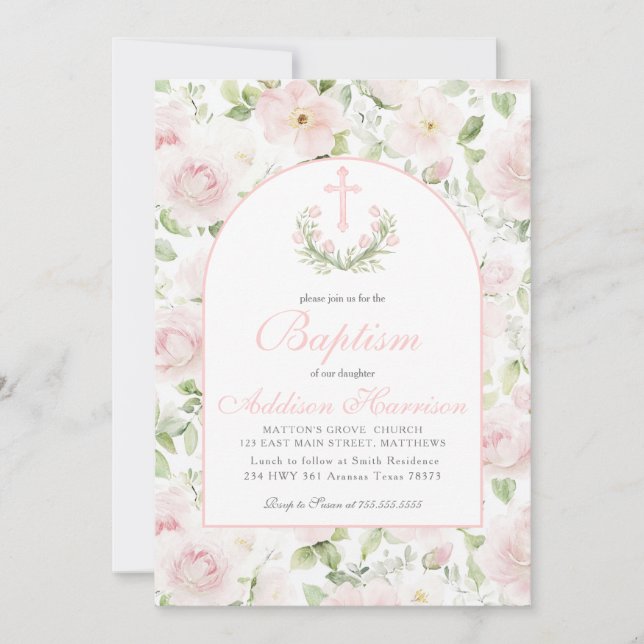 Convite Pink Baptism Invitation, Girl Baptism,  (Frente)
