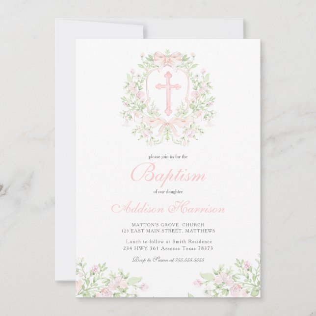 Convite Pink Baptism Invitation, Girl Baptism,  (Frente)