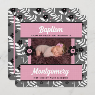 Convite Pink Baptism with Baby Girl's Monogrammed Photo