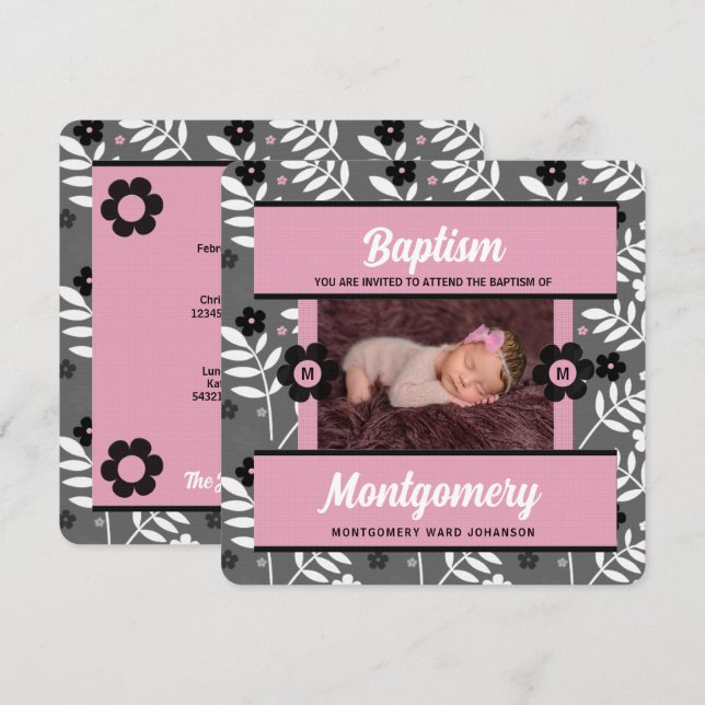 Convite Pink Baptism with Baby Girl's Monogrammed Photo (Frente/Verso)