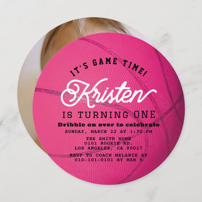 Convite Pink Basketball Girl Photo 1st Birthday Circle (Frente/Verso)