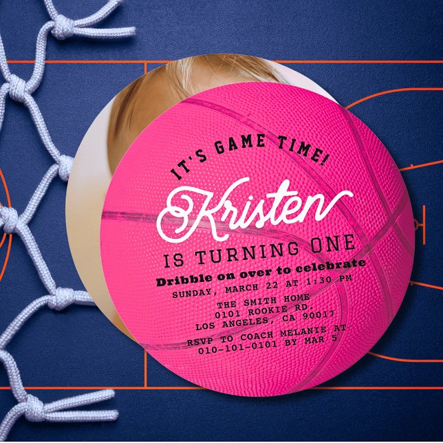 Convite Pink Basketball Girl Photo 1st Birthday Circle (Criador carregado)