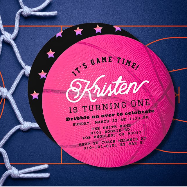 Convite Pink Basketball Shape Girl 1st Birthday Circle (Criador carregado)