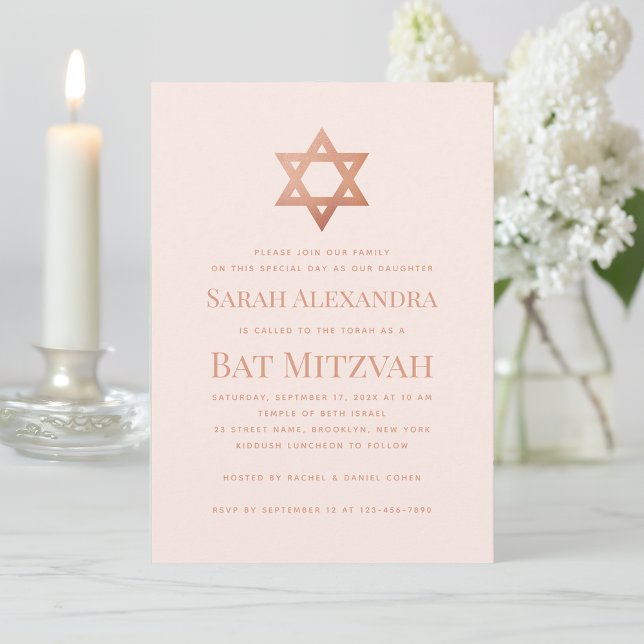 Convite Pink Bat Mitzvah Simple  Rose Gold Star of David  (Criador carregado)