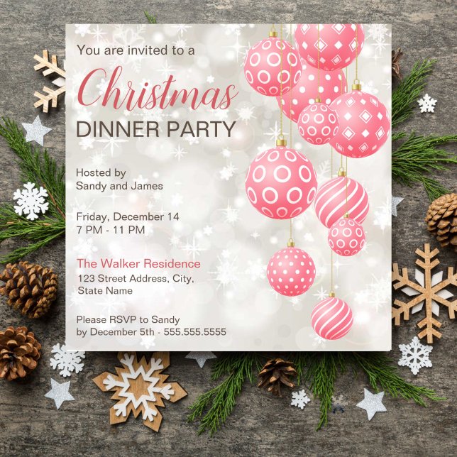 Convite Pink baubles cinza cor fundo (Pink baubles grey pastel colors background Christmas dinner party editable template invitation)
