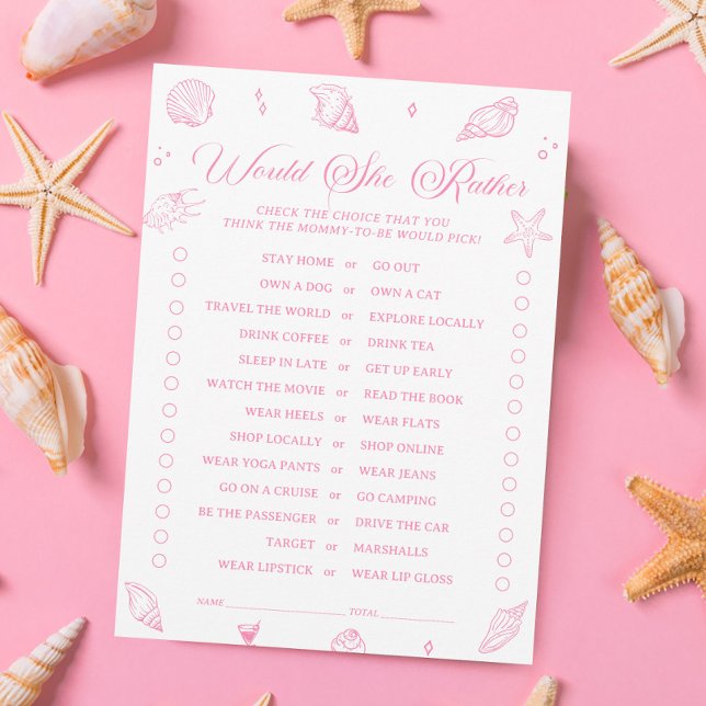 Convite Pink Beach Baby Shower Would She Rather Game Card (Criador carregado)