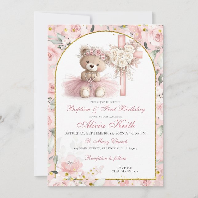 Convite Pink Bear Baptism & First Birthday Invitation (Frente)