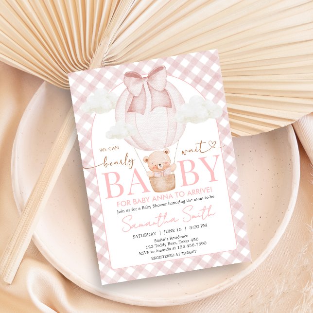 Convite Pink Bear Bearly Wait Baby Shower (Bearly Wait Baby Shower Invitation)
