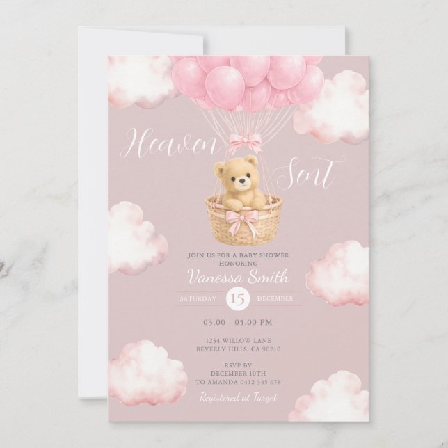 Convite Pink Bear Heaven Sent Balloon Baby Shower Invite (Frente)