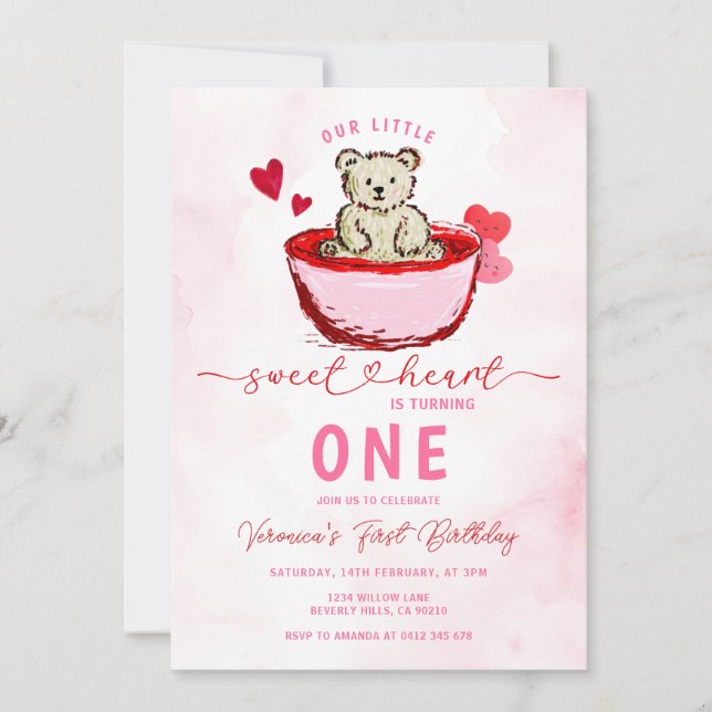 Convite Pink Bear Sweetheart Valentine 1st Birthday (Frente)