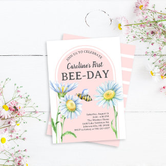 Convite Pink Bee-Day Birthday Invitation with Daisies