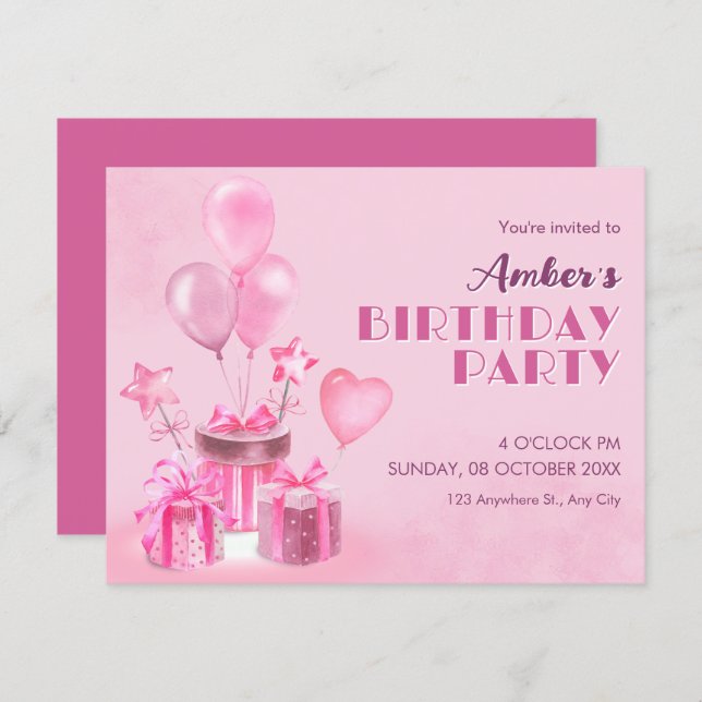 Convite Pink Birthday Party (Frente/Verso)