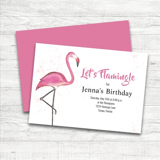 Convite Pink Birthday Party Watercolor Flamingo (Pink Flamingo Custom Birthday Party Invitations.)