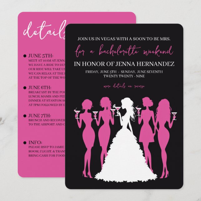 Convite Pink & Black Bachelorette Party (Frente/Verso)