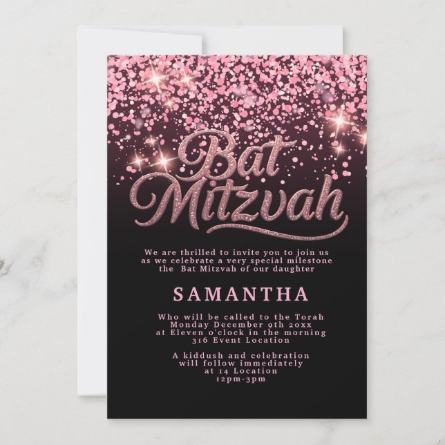 Convite Pink & Black Bat Mitzvah Invitation (Frente)
